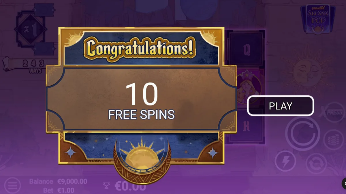 Arcana Pop slot game interface with tarot theme