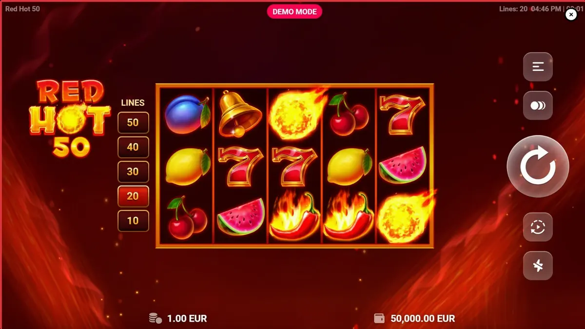 Tampilan visual slot Red Hot 50 dengan simbol buah dan efek api